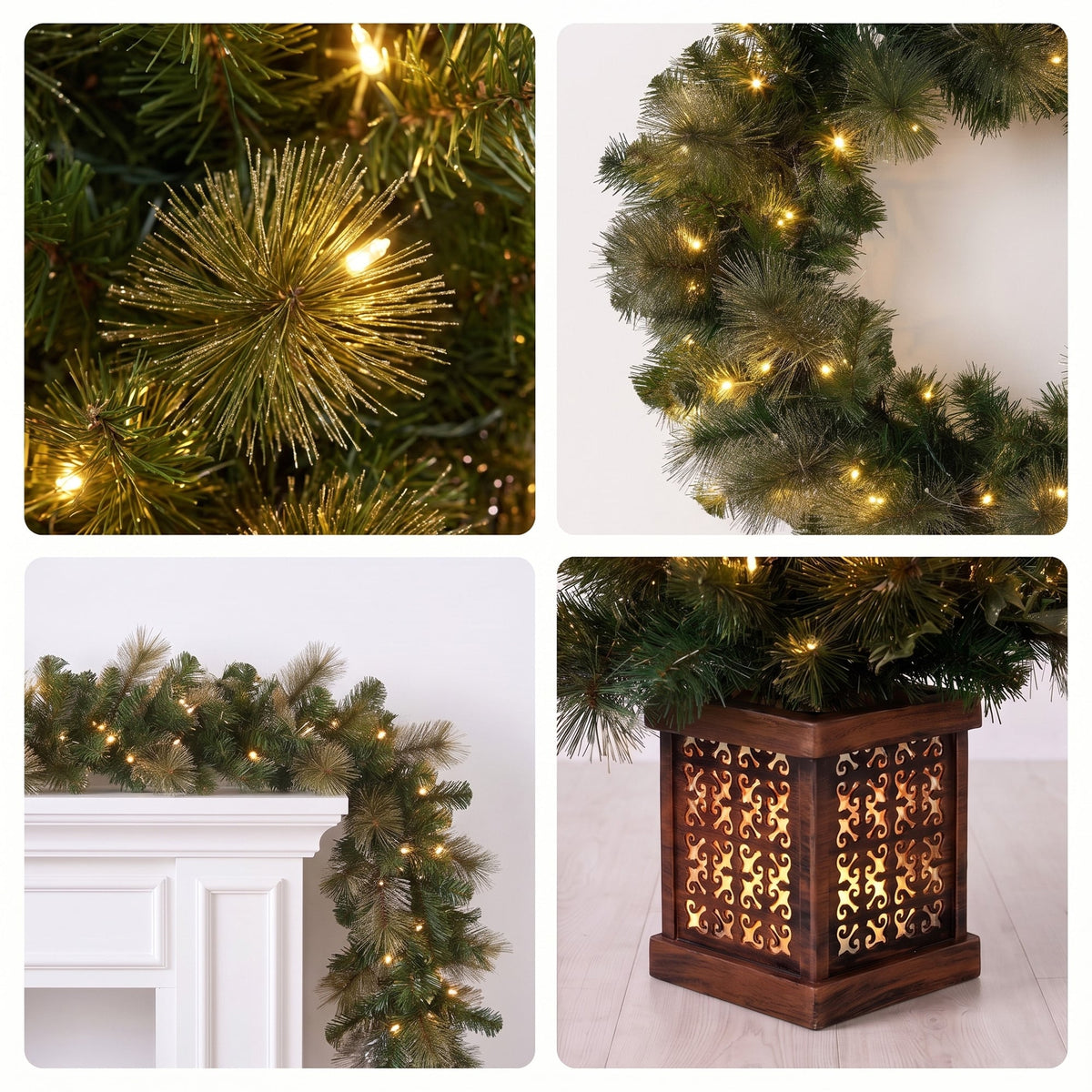 Christabelle Gold Pine Shimmer Christmas 3pc Set 1.2m Potted Christmas Tree Wreath and Garland with LED Lights Holiday Decor