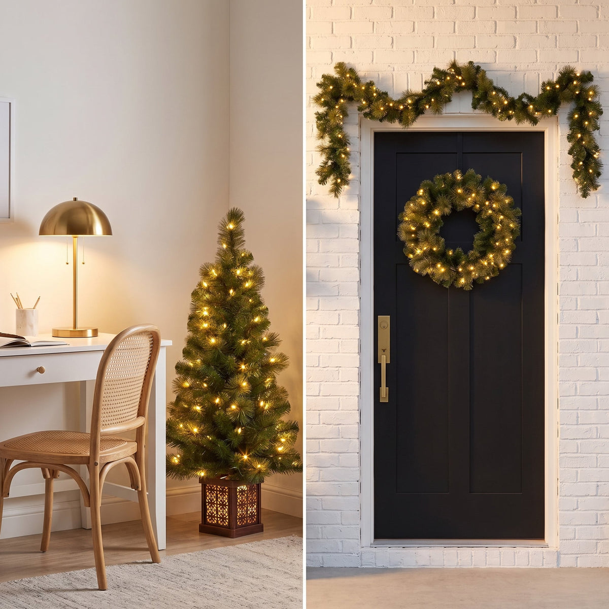 Christabelle Gold Pine Shimmer Christmas 3pc Set 1.2m Potted Christmas Tree Wreath and Garland with LED Lights Holiday Decor