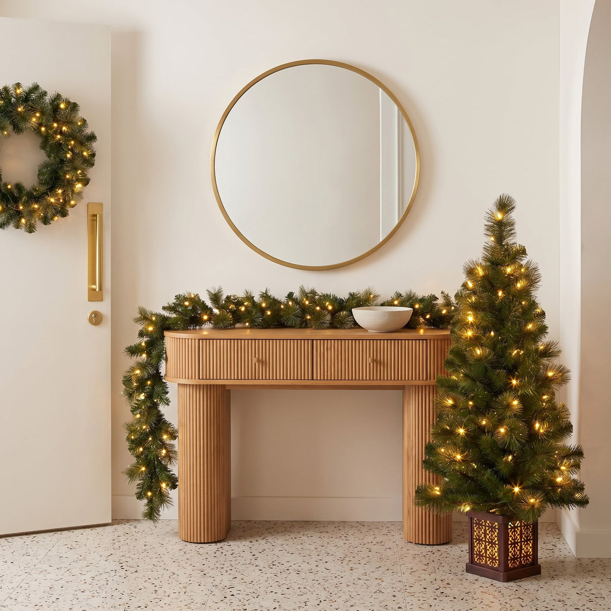 Christabelle Gold Pine Shimmer Christmas 3pc Set 1.2m Potted Christmas Tree Wreath and Garland with LED Lights Holiday Decor