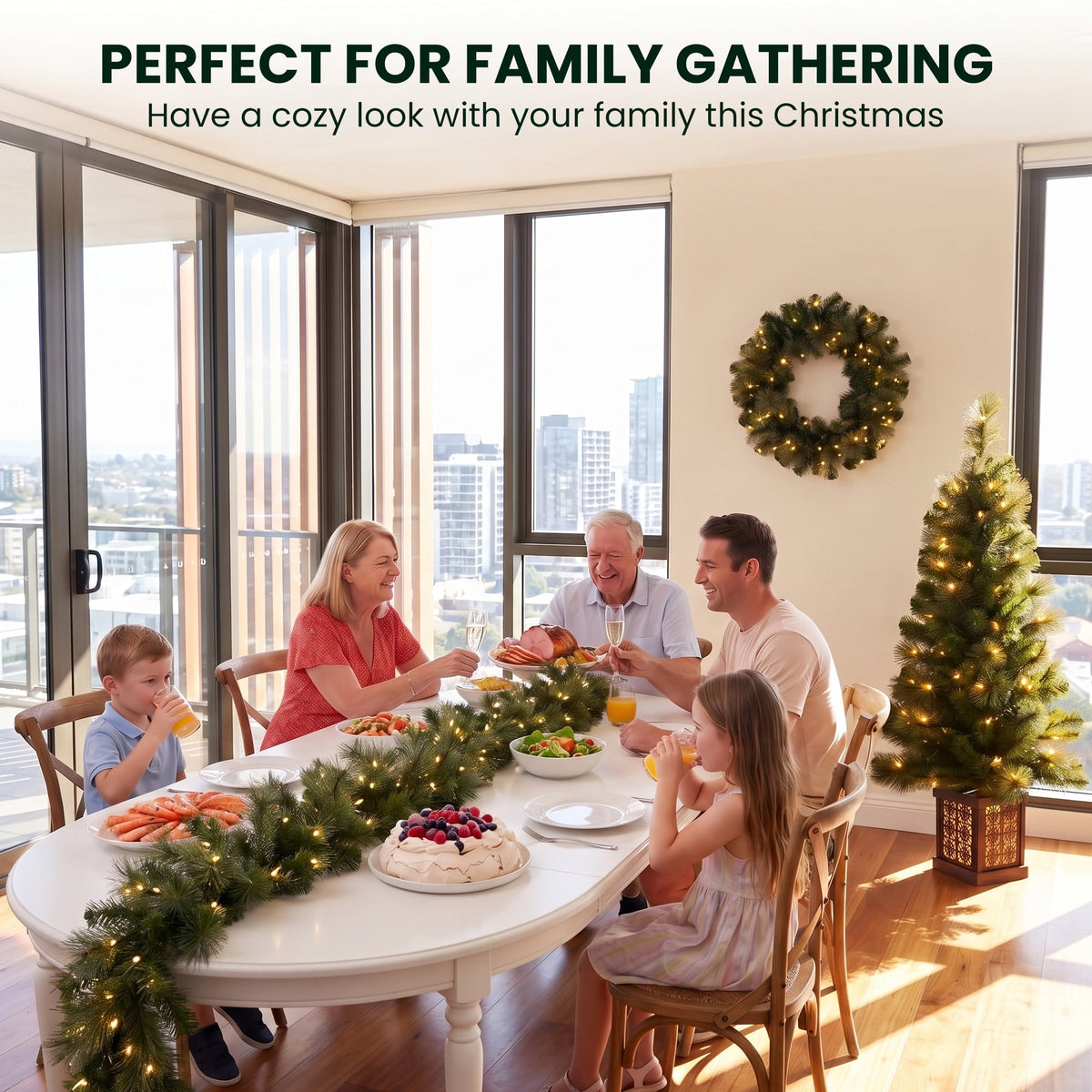 Christabelle Gold Pine Shimmer Christmas 3pc Set 1.2m Potted Christmas Tree Wreath and Garland with LED Lights Holiday Decor