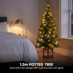 Christabelle Gold Pine Shimmer Christmas 3pc Set 1.2m Potted Christmas Tree Wreath and Garland with LED Lights Holiday Decor