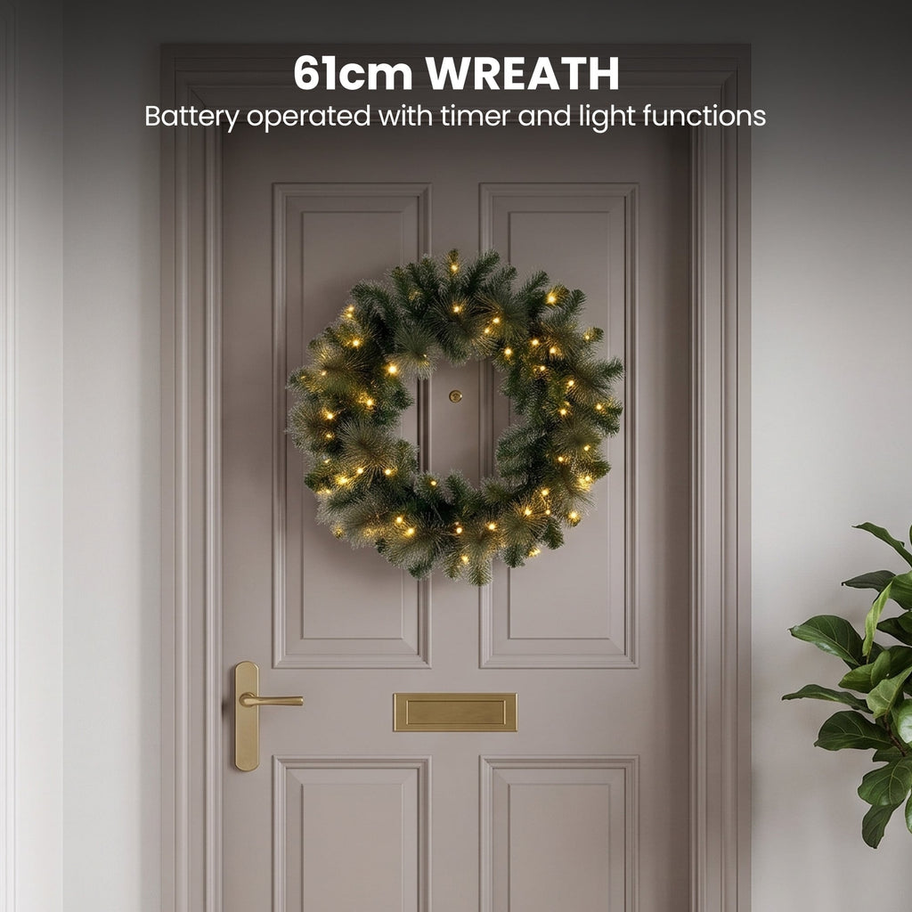 Christabelle Gold Pine Shimmer Christmas 3pc Set 1.2m Potted Christmas Tree Wreath and Garland with LED Lights Holiday Decor