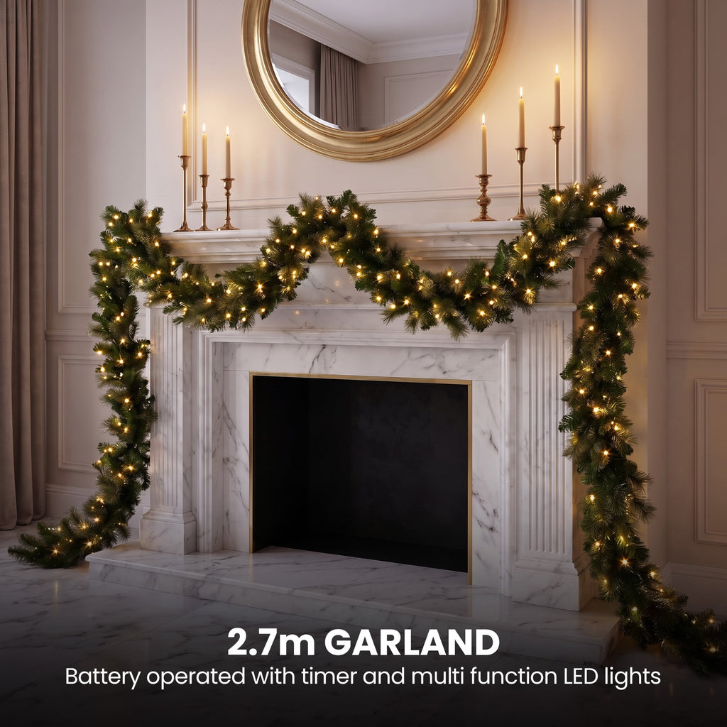 Christabelle Gold Pine Shimmer Christmas 3pc Set 1.2m Potted Christmas Tree Wreath and Garland with LED Lights Holiday Decor