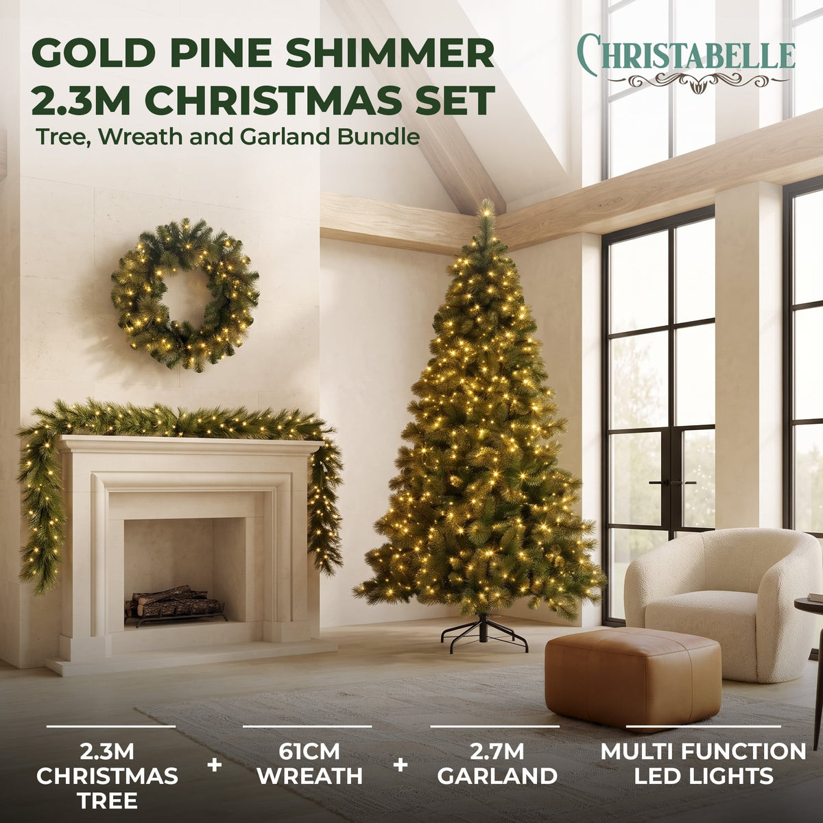 Christabelle 7.5ft Christmas Tree 61cm Wreath LED Lights 2.7m Garland with LED Light Home Decorations