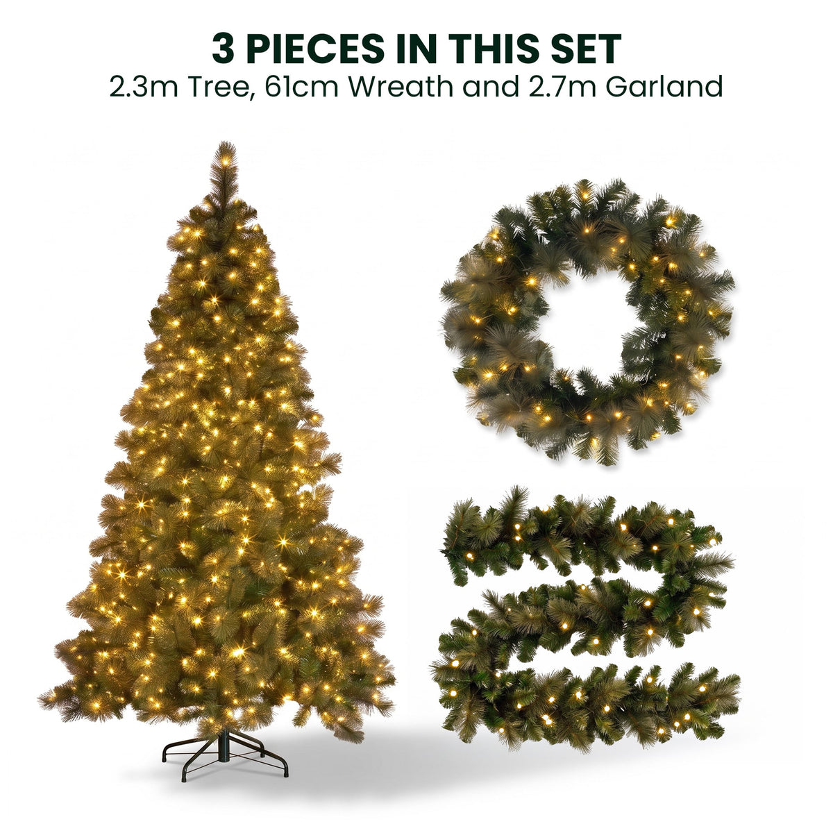 Christabelle 7.5ft Christmas Tree 61cm Wreath LED Lights 2.7m Garland with LED Light Home Decorations