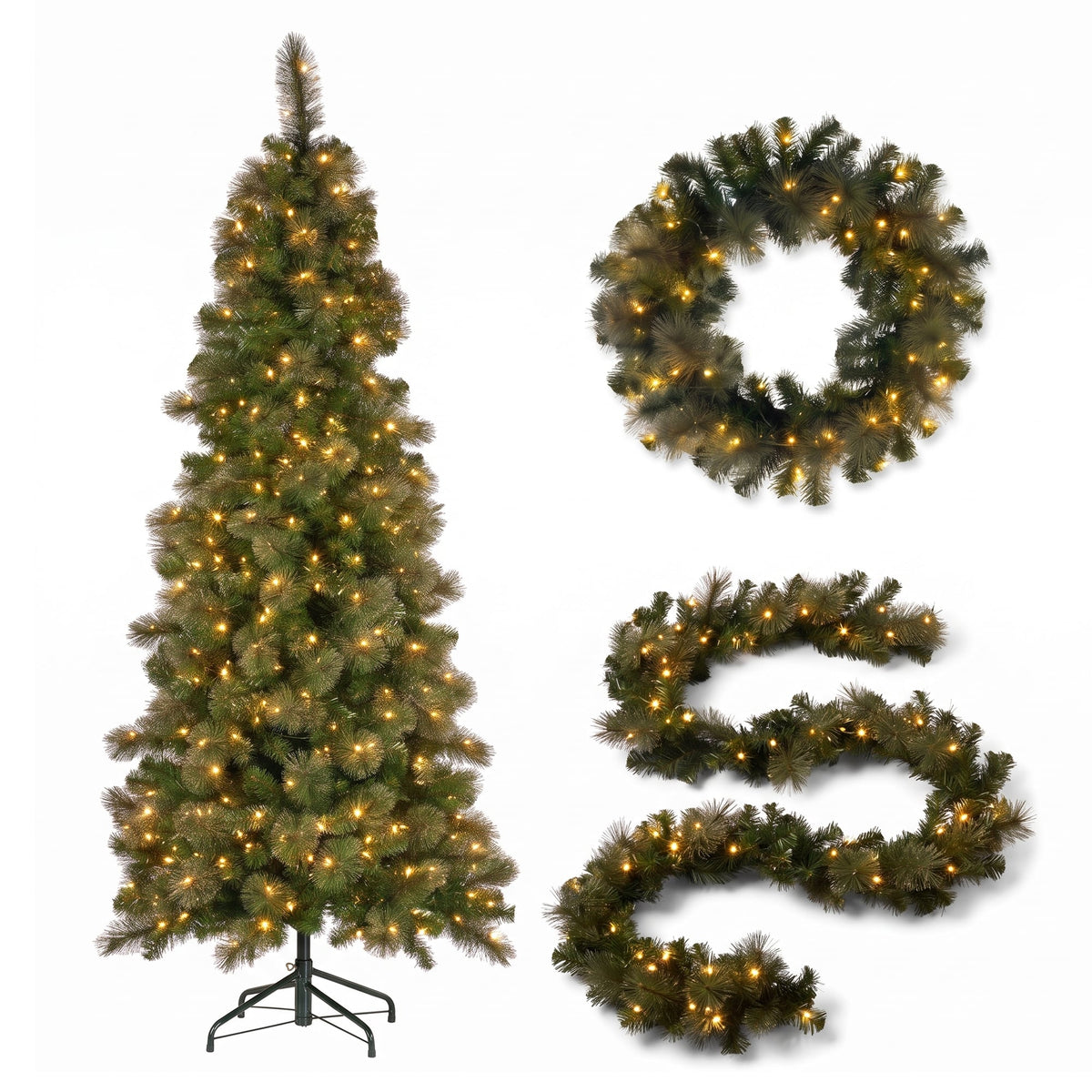 Christabelle Gold Pine Shimmer Slim Christmas 3pc Set 2.3m Christmas Tree Wreath and Garland with LED Lights Holiday Decor