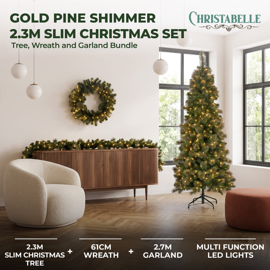 Christabelle Gold Pine Shimmer Slim Christmas 3pc Set 2.3m Christmas Tree Wreath and Garland with LED Lights Holiday Decor