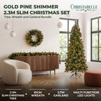 Christabelle Gold Pine Shimmer Slim Christmas 3pc Set 2.3m Christmas Tree Wreath and Garland with LED Lights Holiday Decor