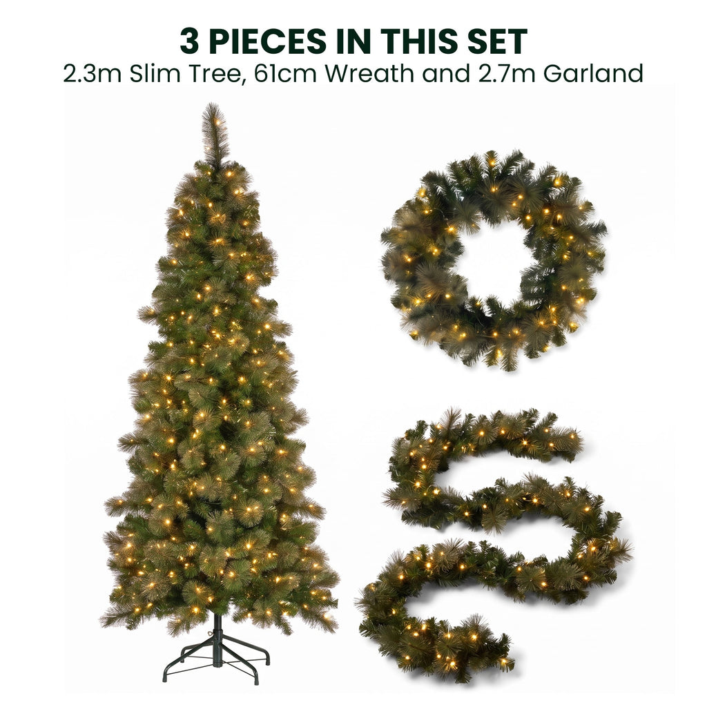 Christabelle Gold Pine Shimmer Slim Christmas 3pc Set 2.3m Christmas Tree Wreath and Garland with LED Lights Holiday Decor