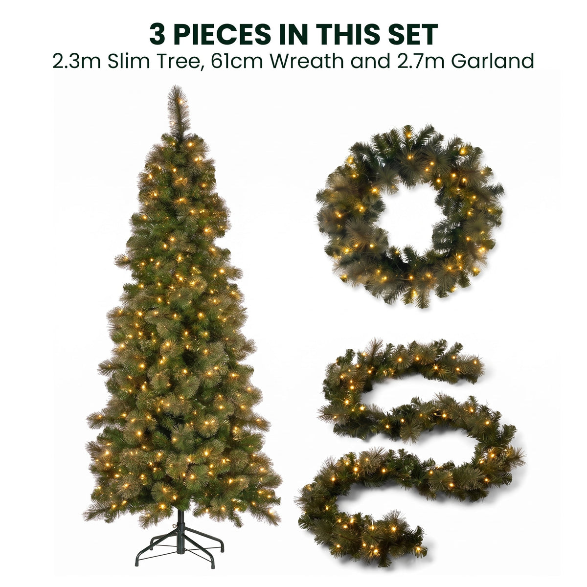 Christabelle Gold Pine Shimmer Slim Christmas 3pc Set 2.3m Christmas Tree Wreath and Garland with LED Lights Holiday Decor