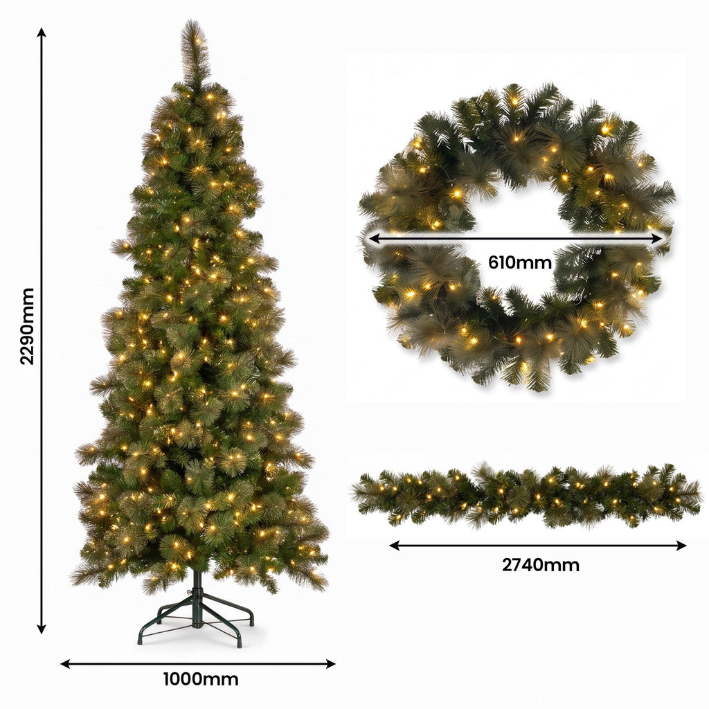 Christabelle Gold Pine Shimmer Slim Christmas 3pc Set 2.3m Christmas Tree Wreath and Garland with LED Lights Holiday Decor