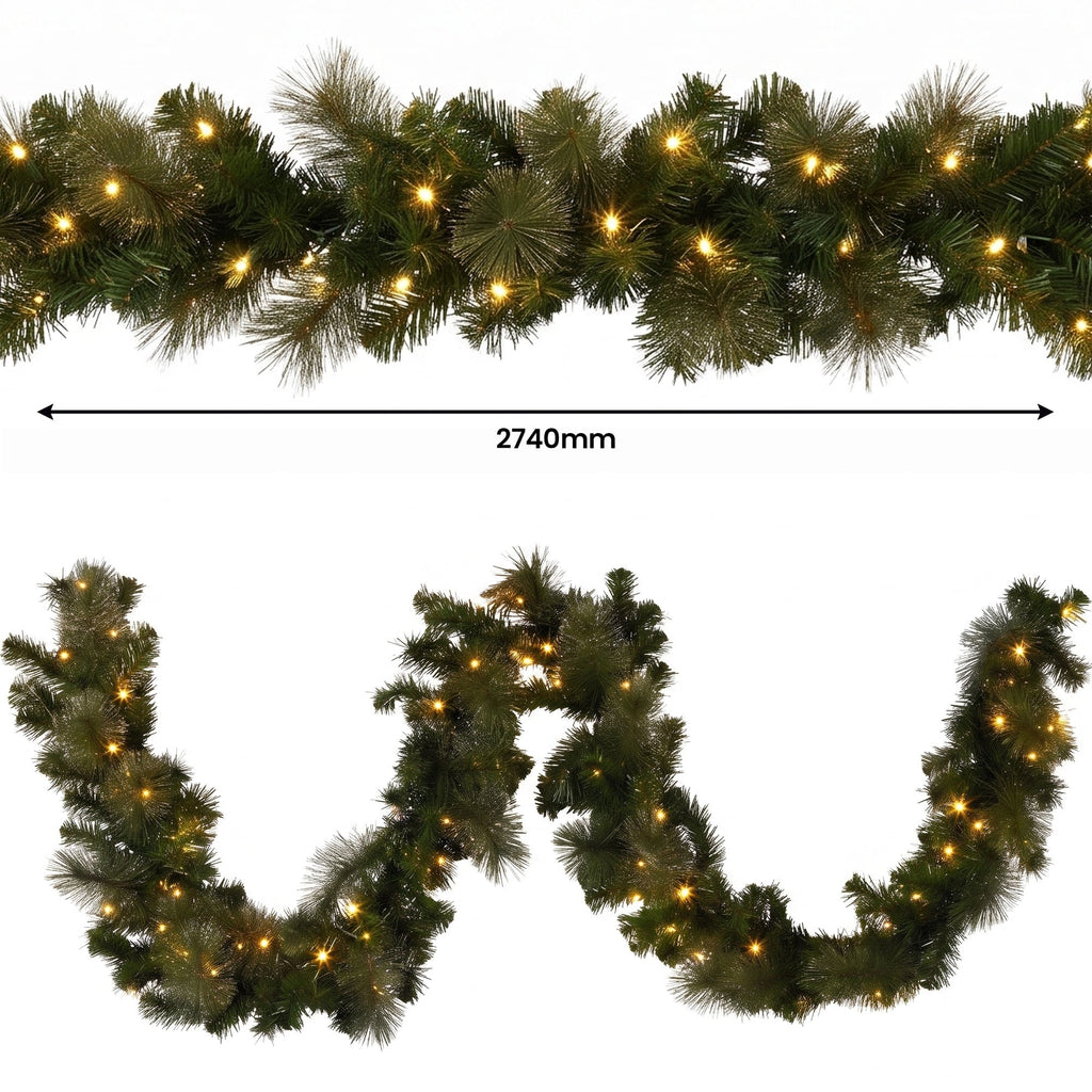 Christabelle Gold Pine Shimmer Slim Christmas 3pc Set 2.3m Christmas Tree Wreath and Garland with LED Lights Holiday Decor