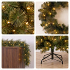 Christabelle Gold Pine Shimmer Slim Christmas 3pc Set 2.3m Christmas Tree Wreath and Garland with LED Lights Holiday Decor