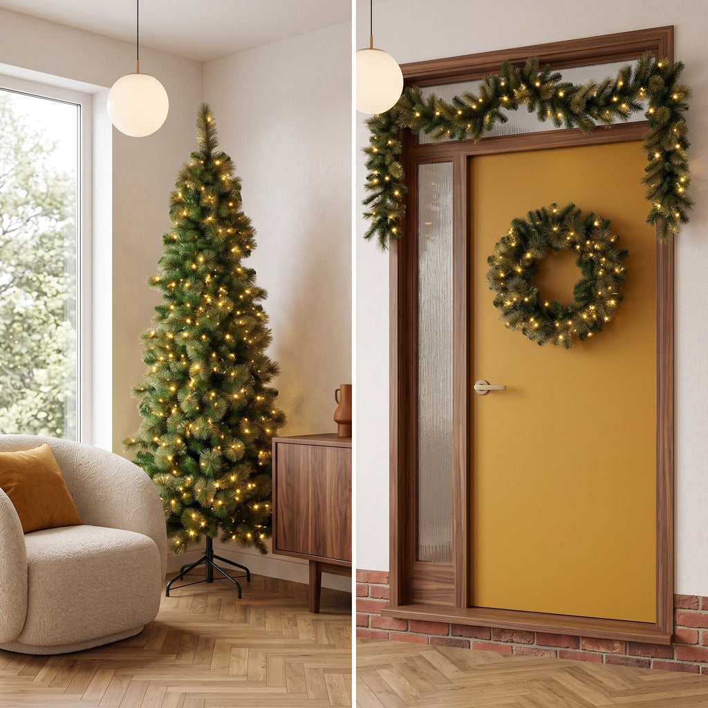 Christabelle Gold Pine Shimmer Slim Christmas 3pc Set 2.3m Christmas Tree Wreath and Garland with LED Lights Holiday Decor