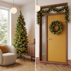 Christabelle Gold Pine Shimmer Slim Christmas 3pc Set 2.3m Christmas Tree Wreath and Garland with LED Lights Holiday Decor