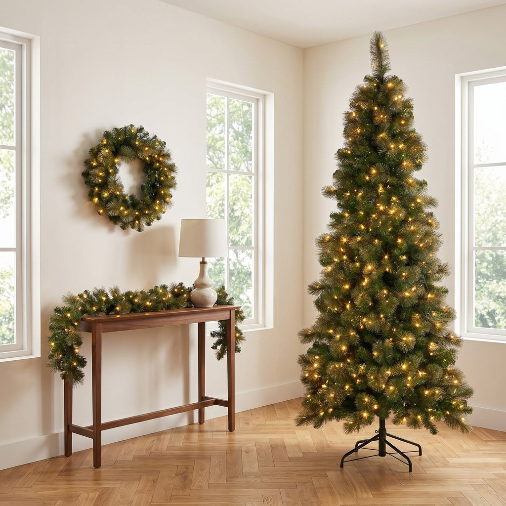 Christabelle Gold Pine Shimmer Slim Christmas 3pc Set 2.3m Christmas Tree Wreath and Garland with LED Lights Holiday Decor