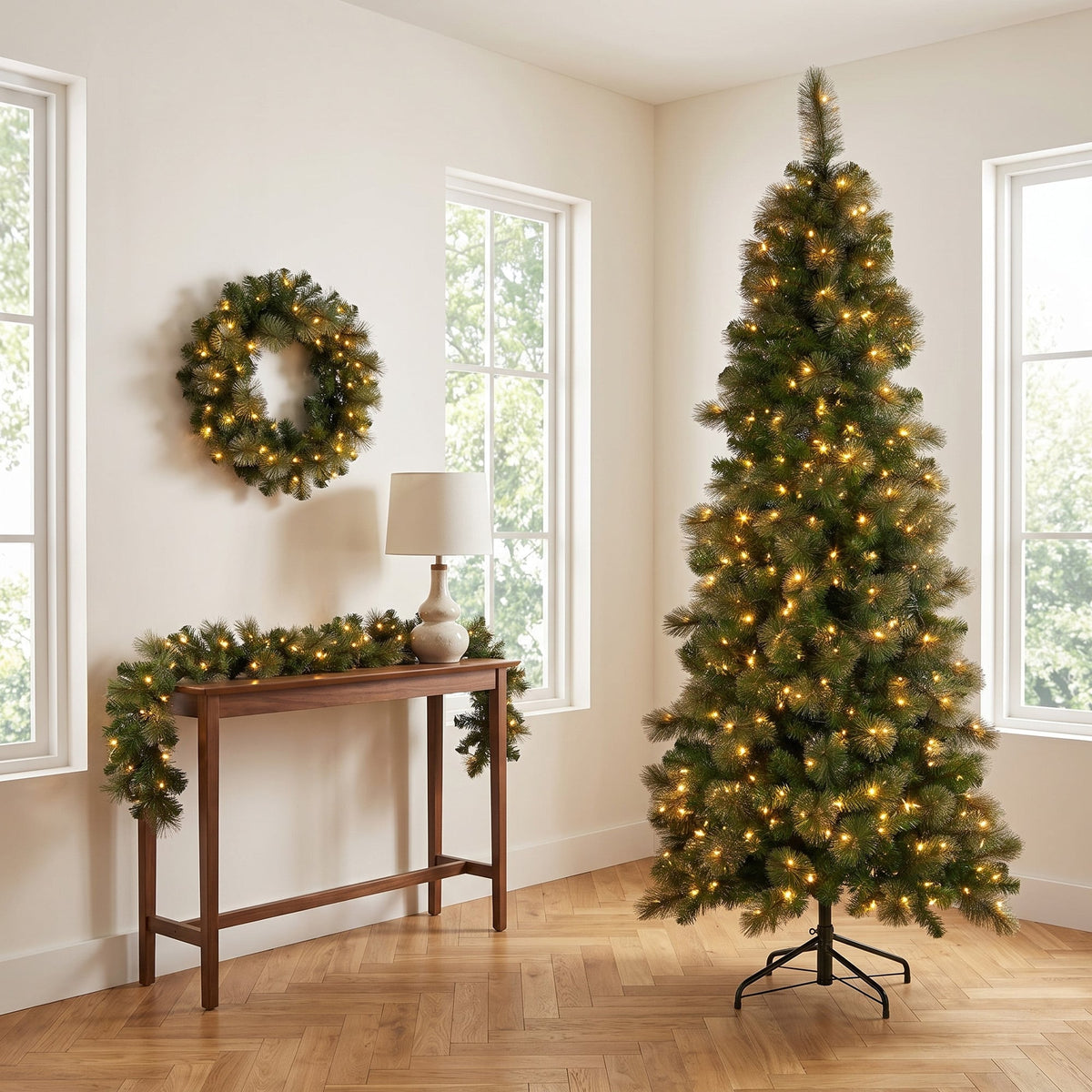 Christabelle Gold Pine Shimmer Slim Christmas 3pc Set 2.3m Christmas Tree Wreath and Garland with LED Lights Holiday Decor
