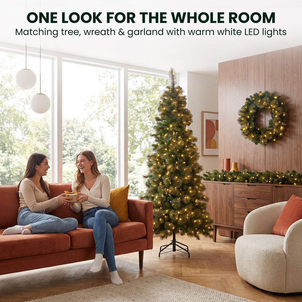 Christabelle Gold Pine Shimmer Slim Christmas 3pc Set 2.3m Christmas Tree Wreath and Garland with LED Lights Holiday Decor