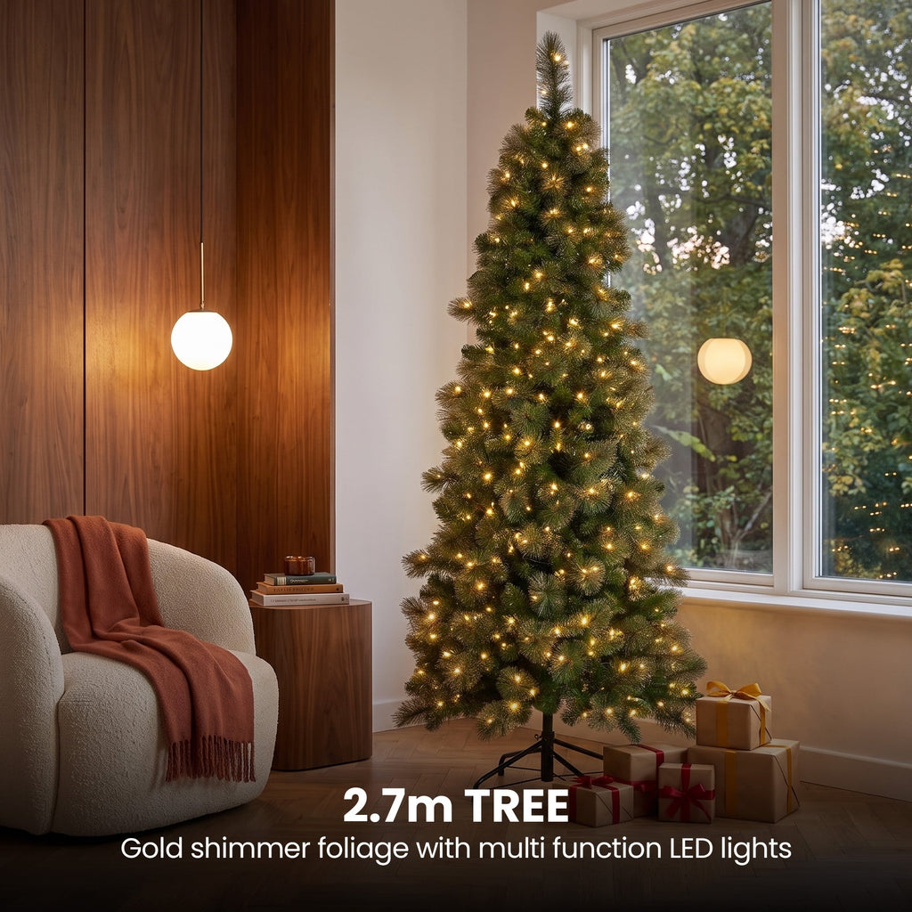Christabelle Gold Pine Shimmer Slim Christmas 3pc Set 2.3m Christmas Tree Wreath and Garland with LED Lights Holiday Decor