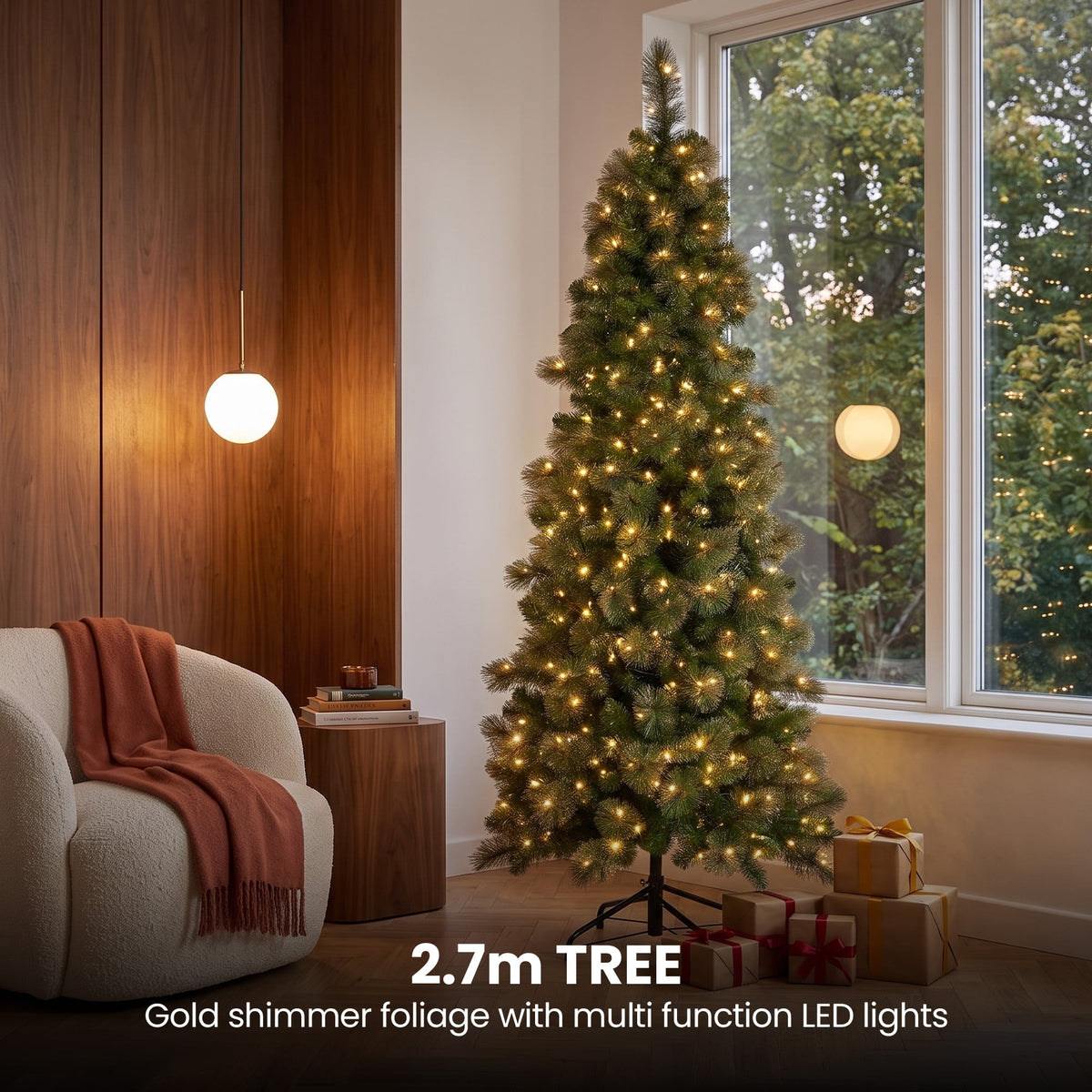 Christabelle Gold Pine Shimmer Slim Christmas 3pc Set 2.3m Christmas Tree Wreath and Garland with LED Lights Holiday Decor