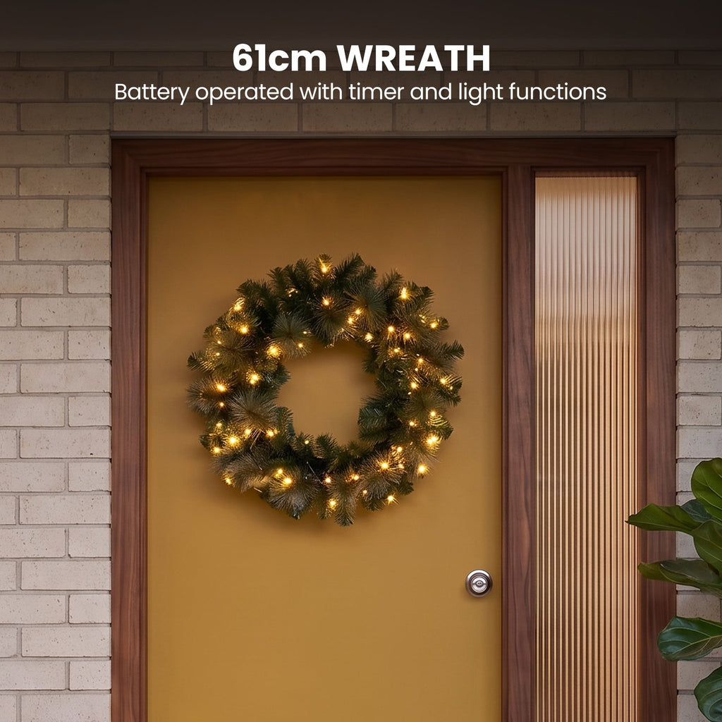 Christabelle Gold Pine Shimmer Slim Christmas 3pc Set 2.3m Christmas Tree Wreath and Garland with LED Lights Holiday Decor