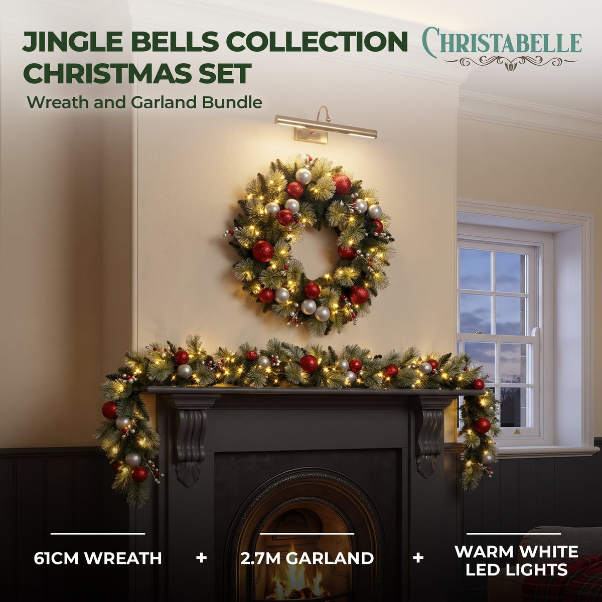 Christabelle 61cm Wreath with LED Lights 2.7m Christmas Garland with LED Light