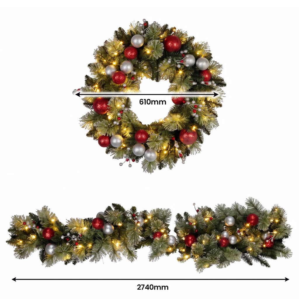 Christabelle 61cm Wreath with LED Lights 2.7m Christmas Garland with LED Light