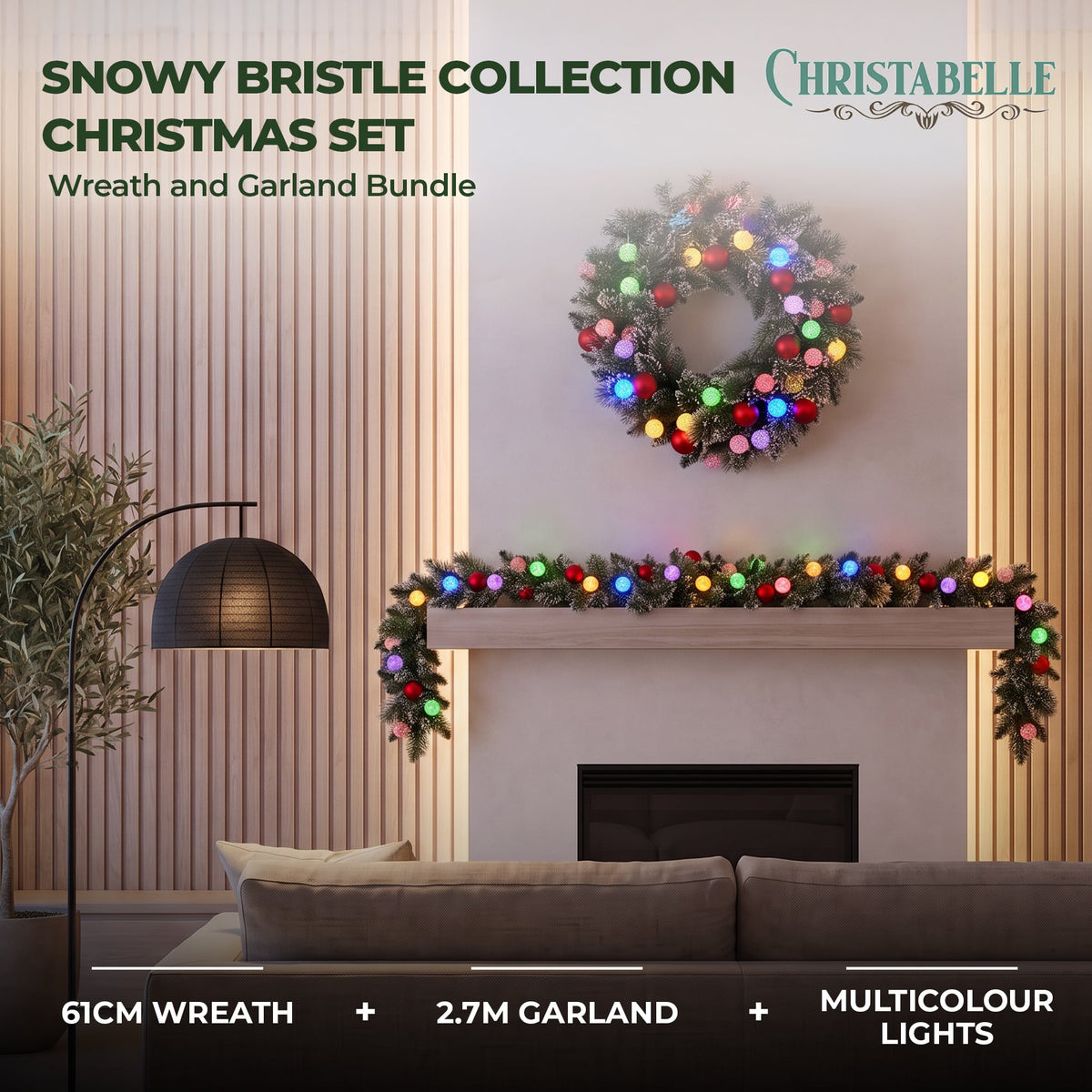 Christabelle Snowy Bristle Christmas 2pc Set 61cm Christmas Wreath and Garland with LED Lights Holiday Decor