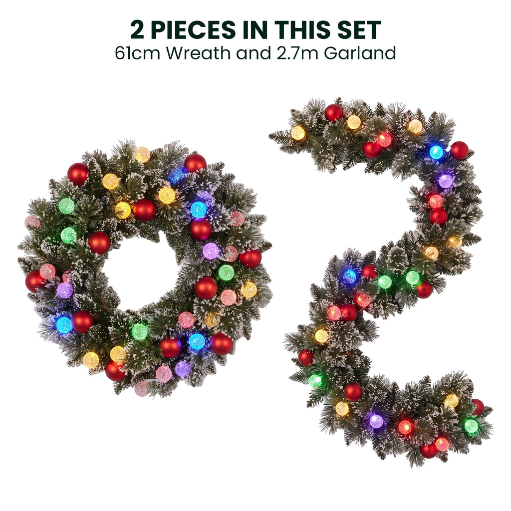 Christabelle Snowy Bristle Christmas 2pc Set 61cm Christmas Wreath and Garland with LED Lights Holiday Decor