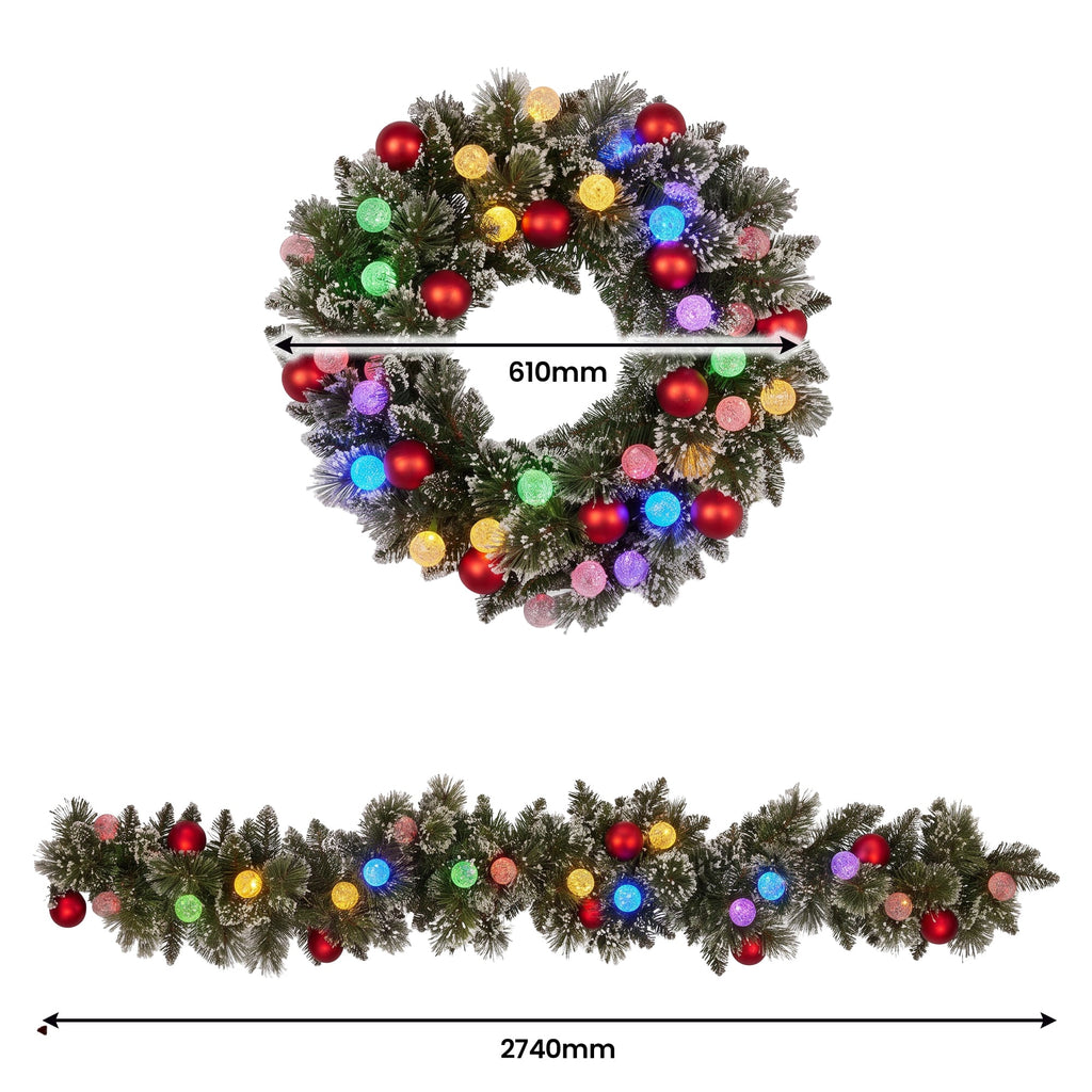 Christabelle Snowy Bristle Christmas 2pc Set 61cm Christmas Wreath and Garland with LED Lights Holiday Decor