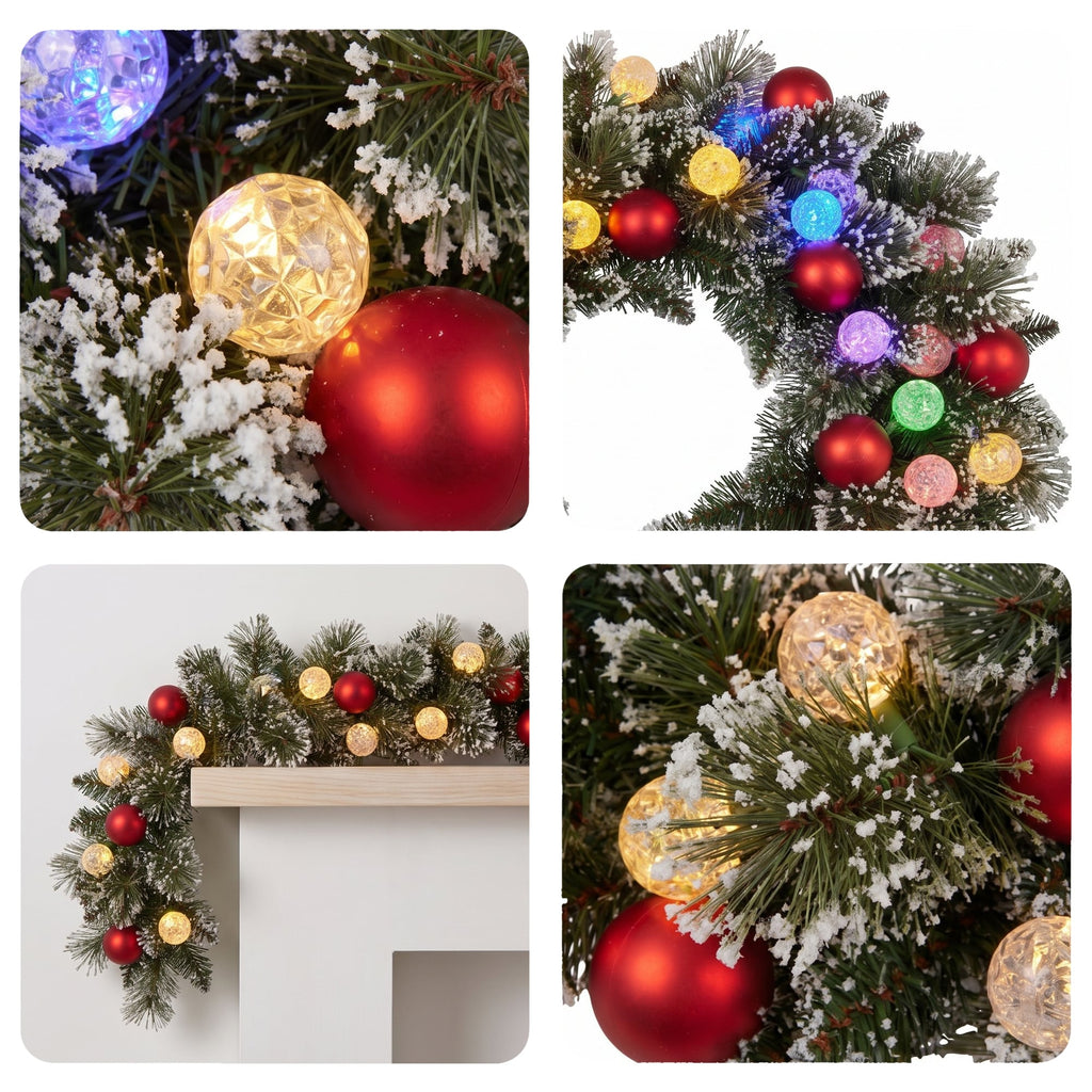 Christabelle Snowy Bristle Christmas 2pc Set 61cm Christmas Wreath and Garland with LED Lights Holiday Decor
