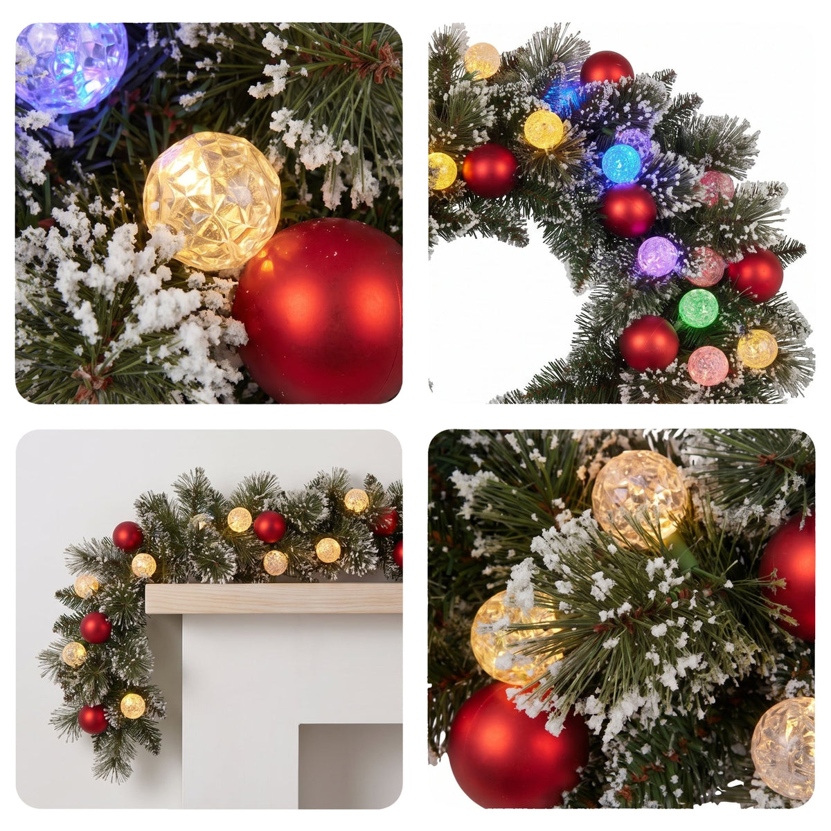 Christabelle Snowy Bristle Christmas 2pc Set 61cm Christmas Wreath and Garland with LED Lights Holiday Decor