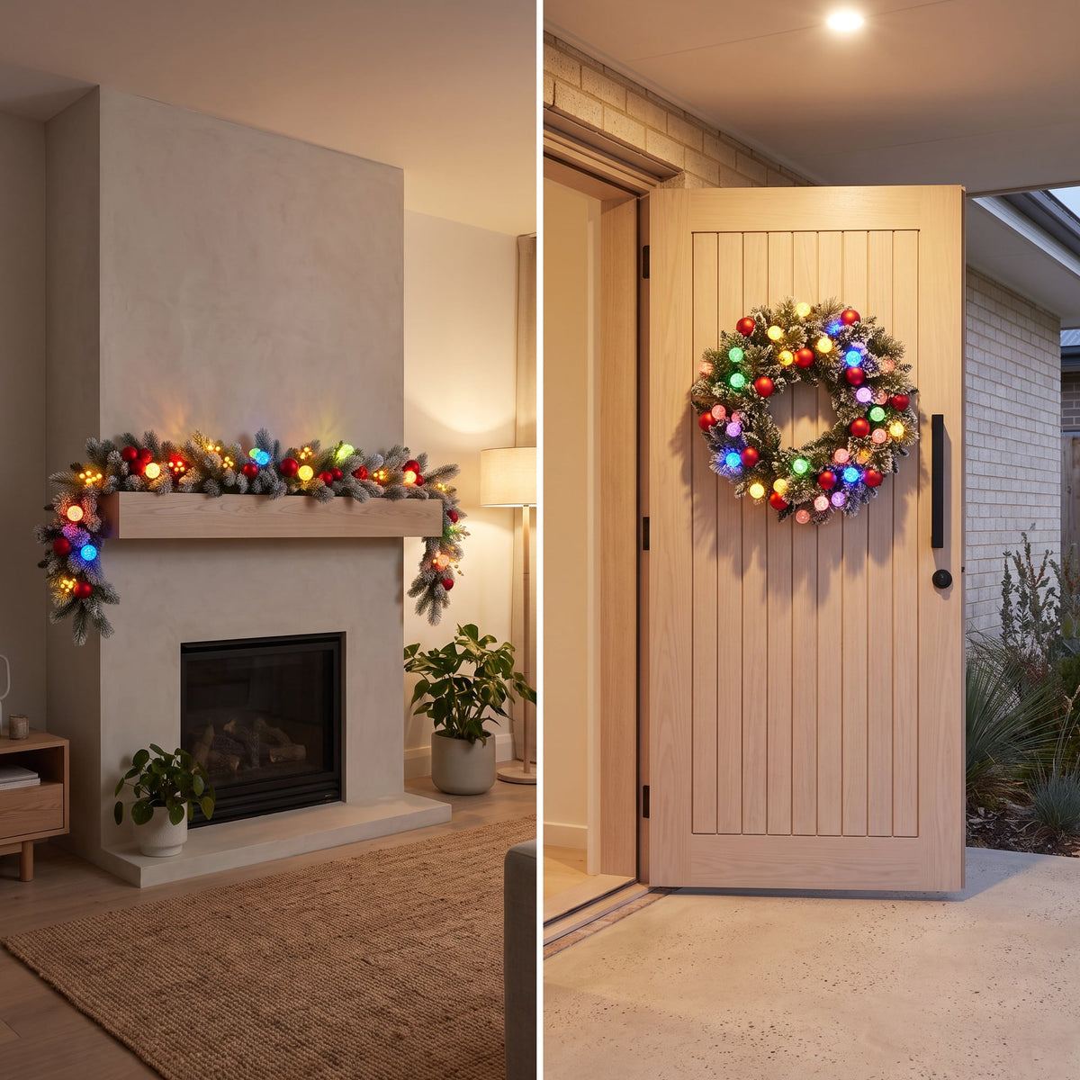 Christabelle Snowy Bristle Christmas 2pc Set 61cm Christmas Wreath and Garland with LED Lights Holiday Decor