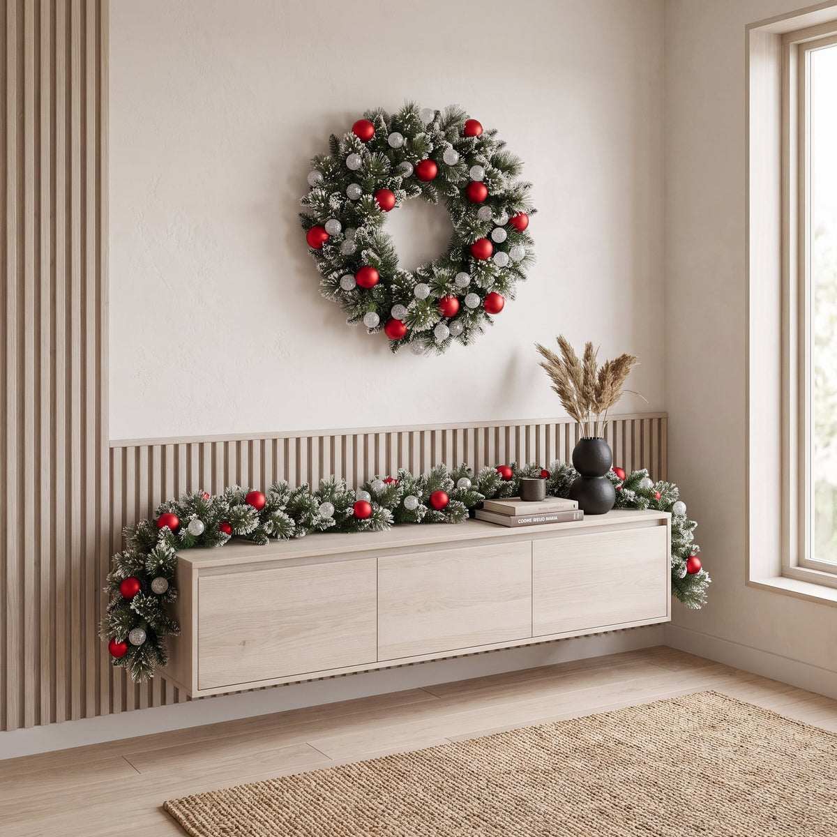 Christabelle Snowy Bristle Christmas 2pc Set 61cm Christmas Wreath and Garland with LED Lights Holiday Decor