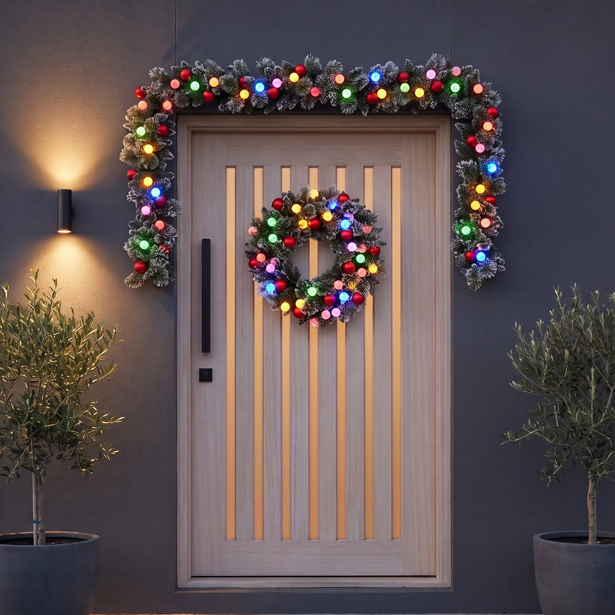 Christabelle Snowy Bristle Christmas 2pc Set 61cm Christmas Wreath and Garland with LED Lights Holiday Decor