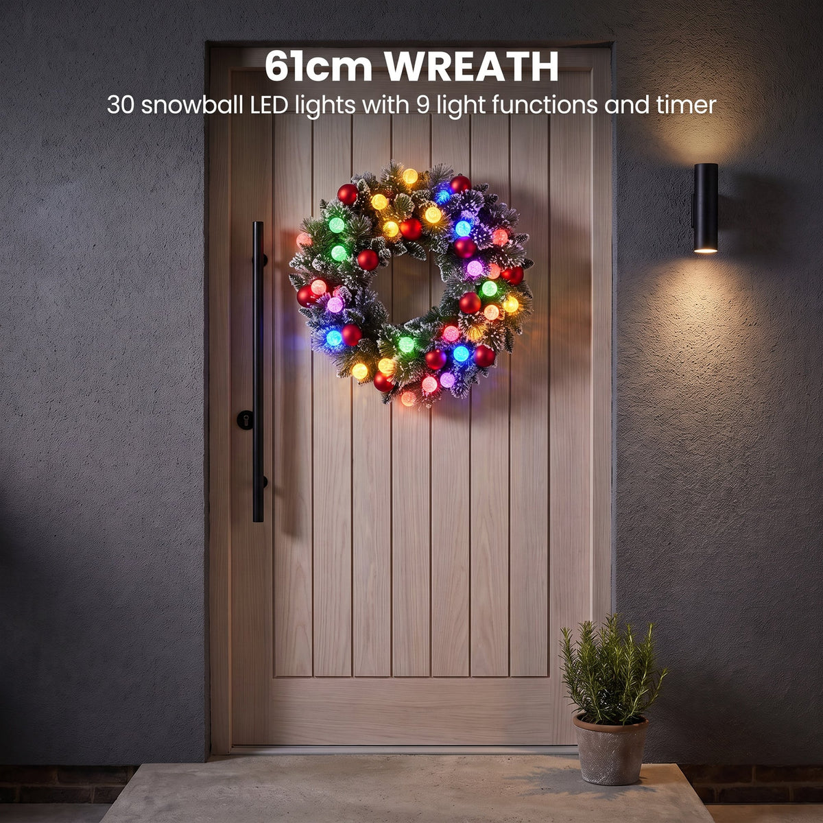Christabelle Snowy Bristle Christmas 2pc Set 61cm Christmas Wreath and Garland with LED Lights Holiday Decor