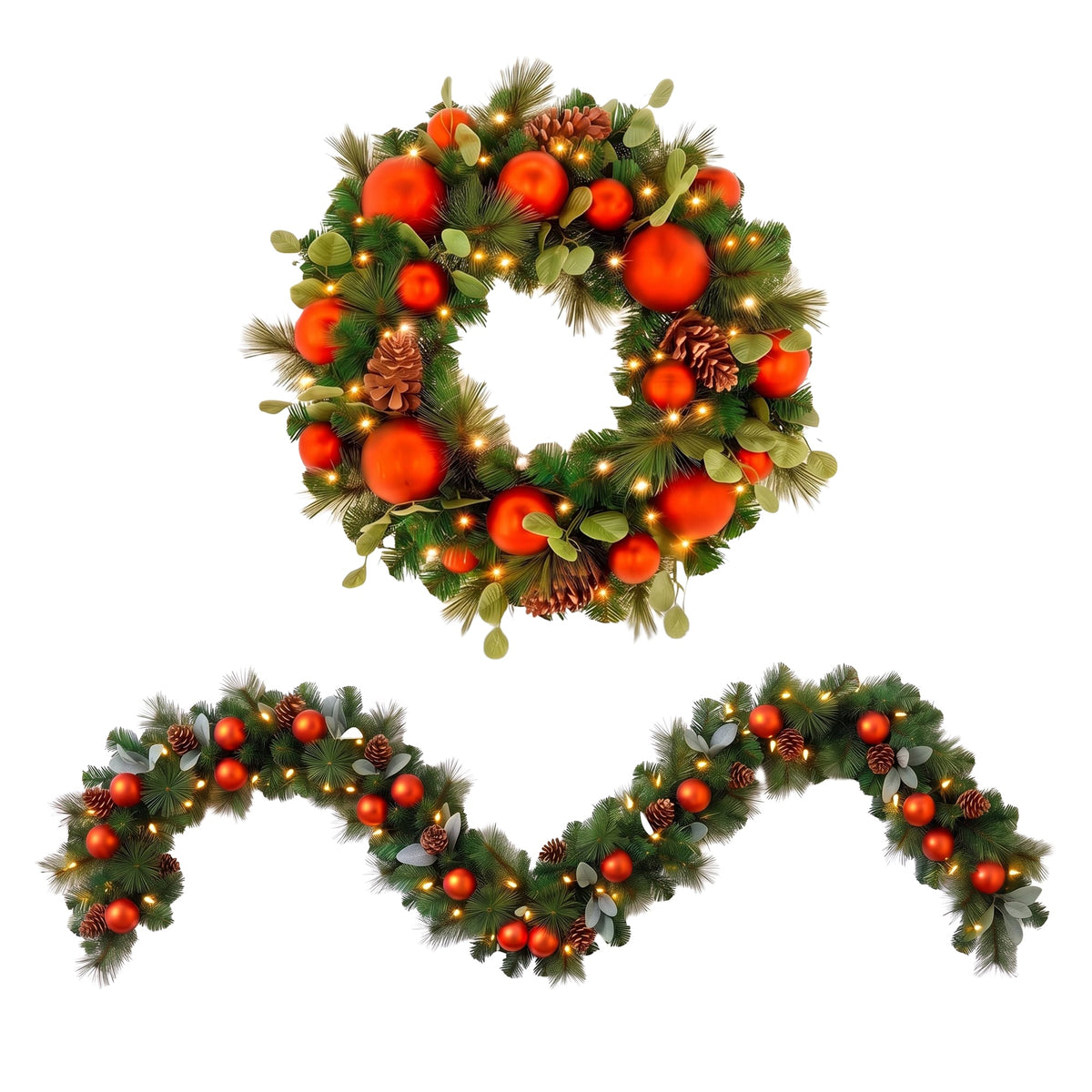 Christabelle Snowy Elegance Christmas 2pc Set 61cm Christmas Wreath and Garland with LED Lights Holiday Decor