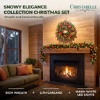 Christabelle Snowy Elegance Christmas 2pc Set 61cm Christmas Wreath and Garland with LED Lights Holiday Decor
