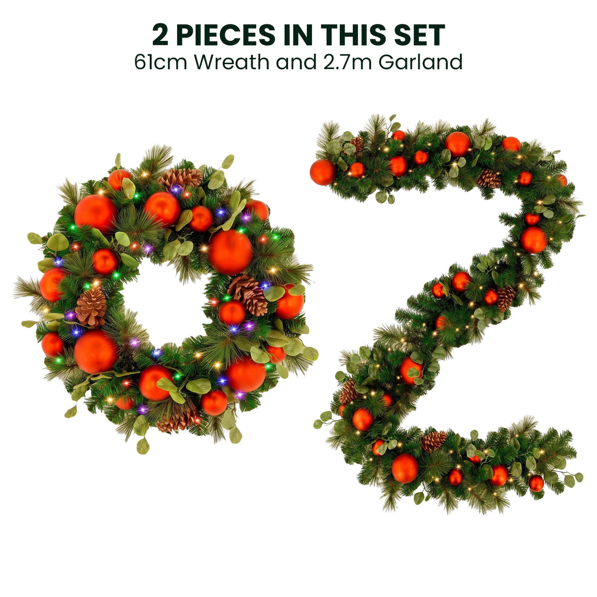 Christabelle Snowy Elegance Christmas 2pc Set 61cm Christmas Wreath and Garland with LED Lights Holiday Decor
