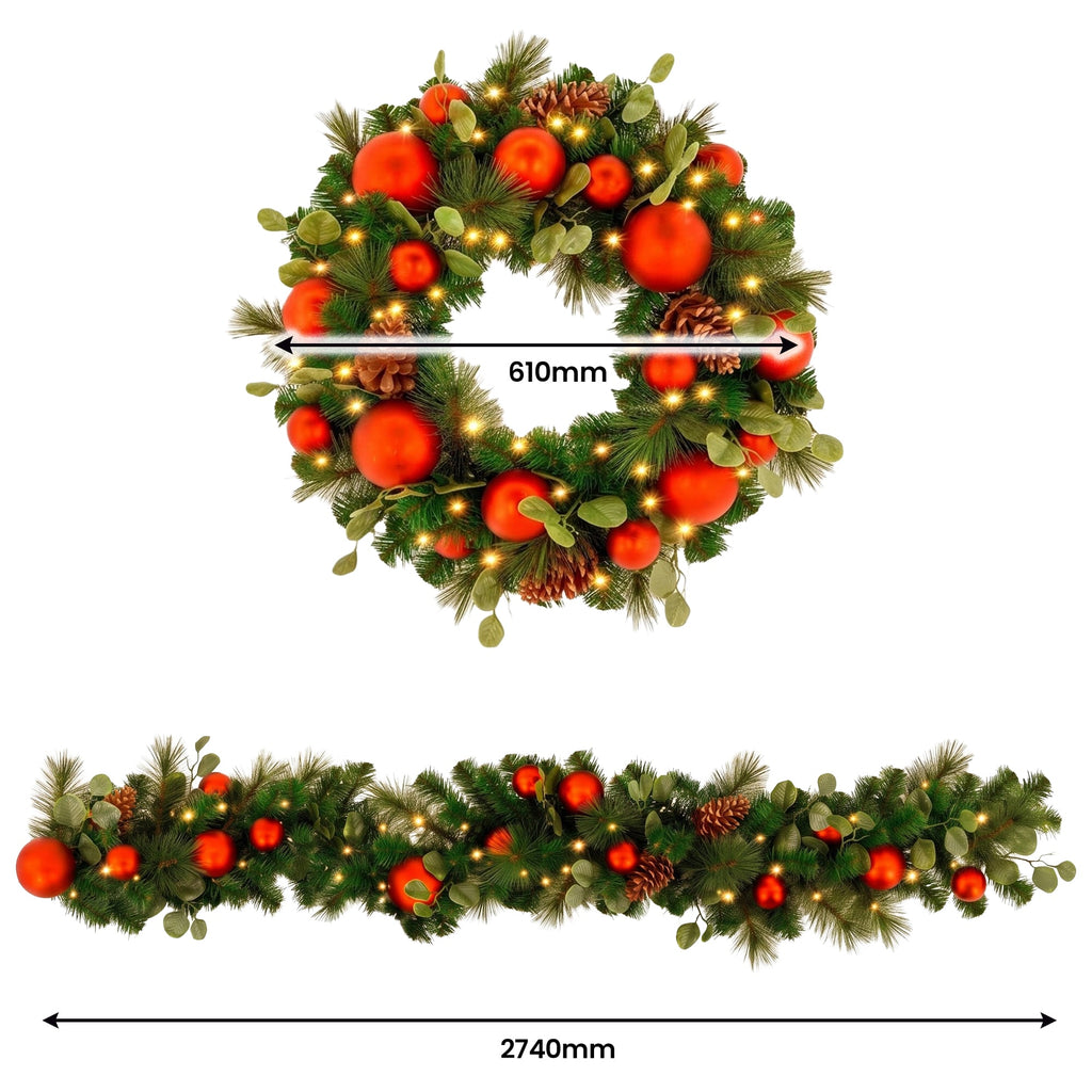 Christabelle Snowy Elegance Christmas 2pc Set 61cm Christmas Wreath and Garland with LED Lights Holiday Decor