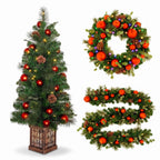 Christabelle Sable Fir Christmas 3pc Set 1.2m Potted Tree 61cm Wreath 2.74m Garland with Multicoloured LED Lights Decor