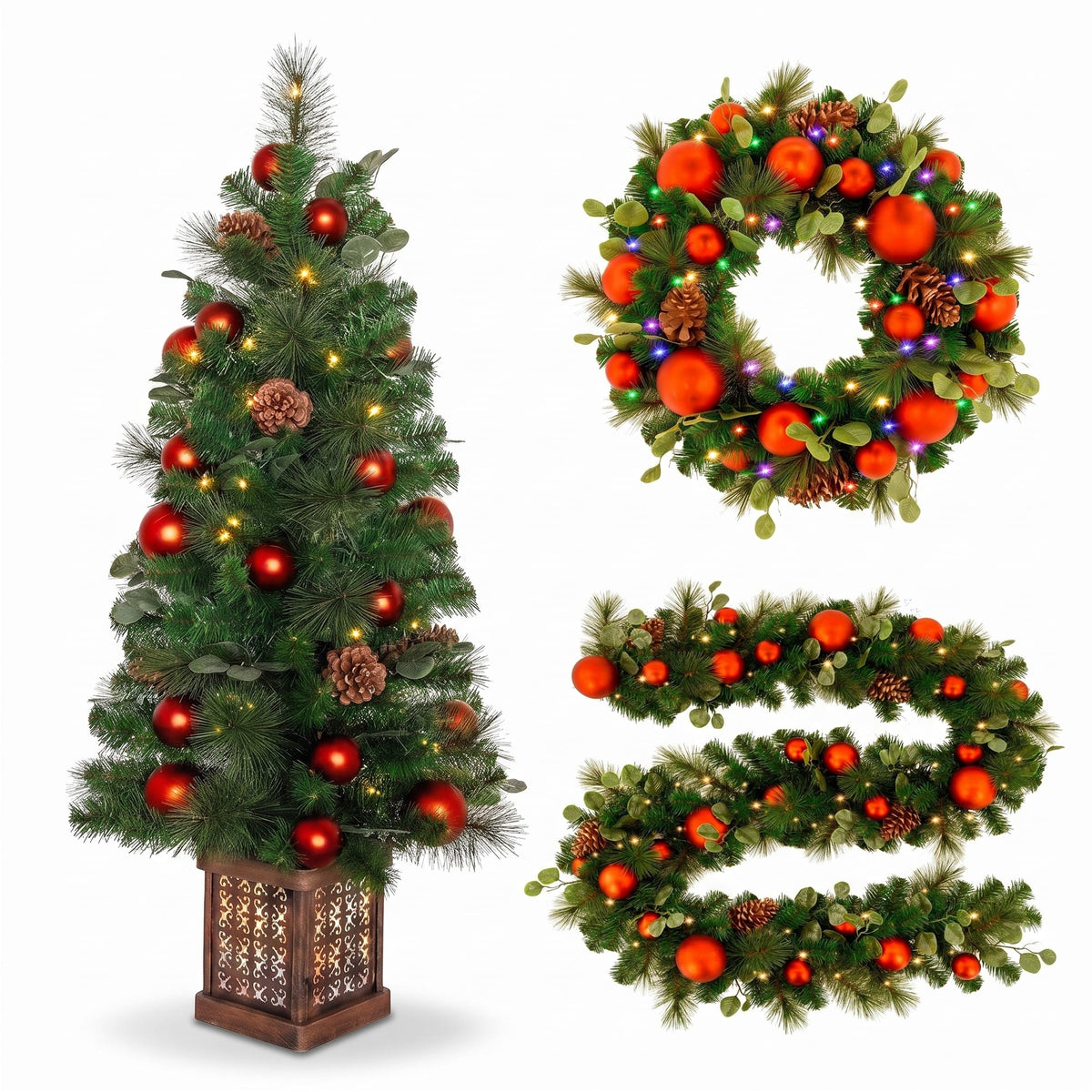 Christabelle Sable Fir Christmas 3pc Set 1.2m Potted Tree 61cm Wreath 2.74m Garland with Multicoloured LED Lights Decor