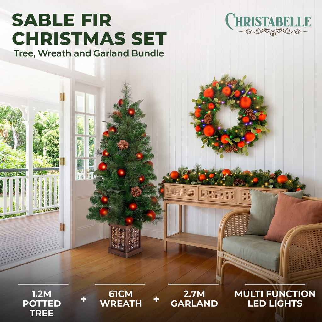 Christabelle Sable Fir Christmas 3pc Set 1.2m Potted Tree 61cm Wreath 2.74m Garland with Multicoloured LED Lights Decor