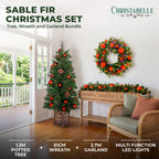 Christabelle Sable Fir Christmas 3pc Set 1.2m Potted Tree 61cm Wreath 2.74m Garland with Multicoloured LED Lights Decor