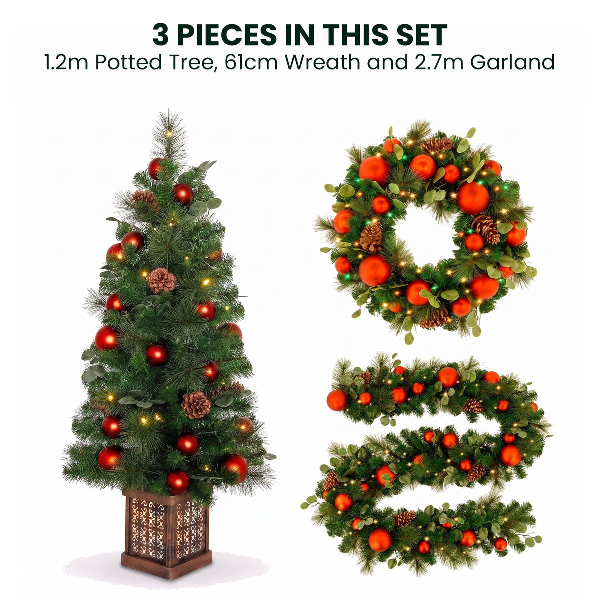 Christabelle Sable Fir Christmas 3pc Set 1.2m Potted Tree 61cm Wreath 2.74m Garland with Multicoloured LED Lights Decor