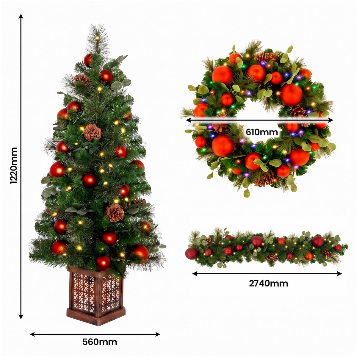 Christabelle Sable Fir Christmas 3pc Set 1.2m Potted Tree 61cm Wreath 2.74m Garland with Multicoloured LED Lights Decor
