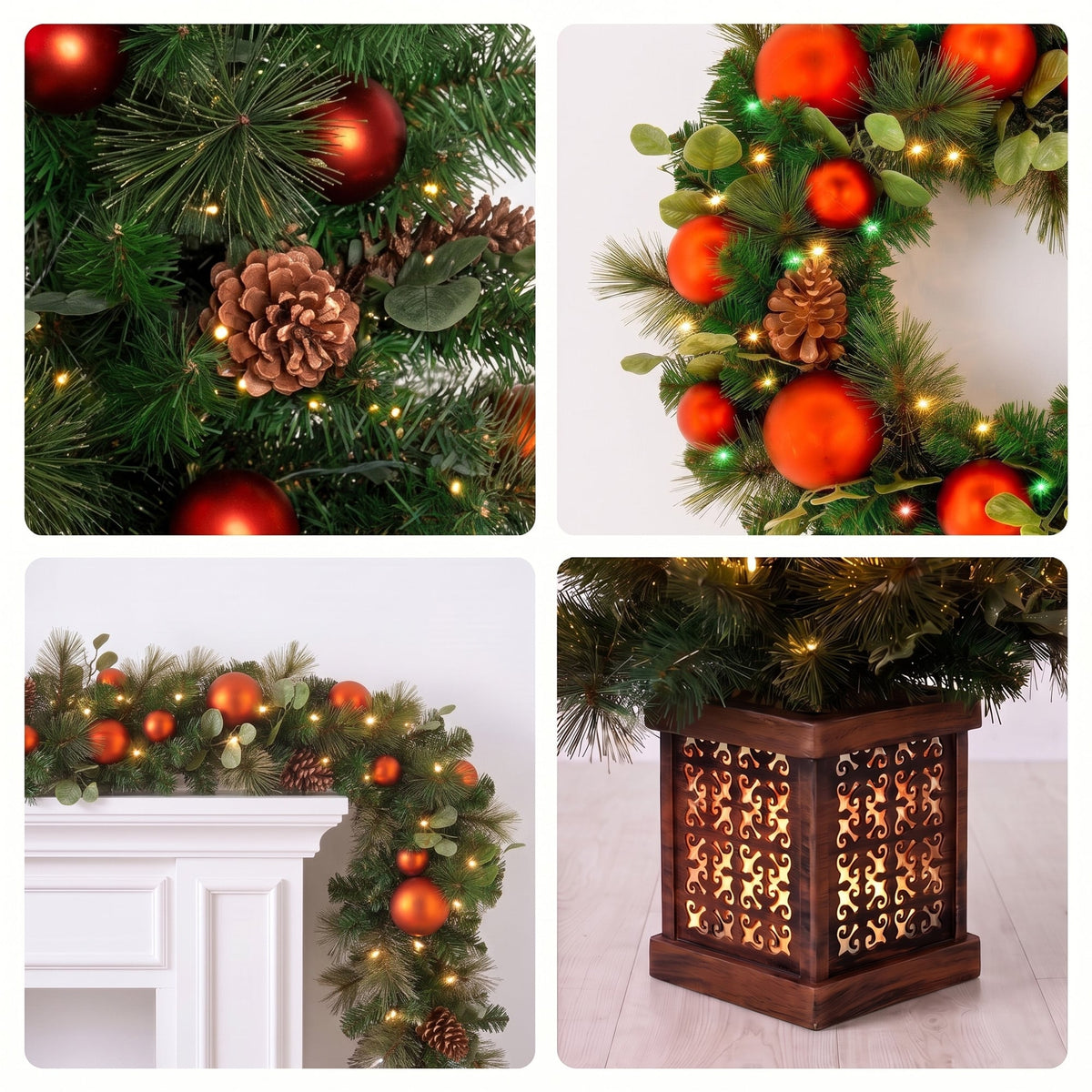 Christabelle Sable Fir Christmas 3pc Set 1.2m Potted Tree 61cm Wreath 2.74m Garland with Multicoloured LED Lights Decor