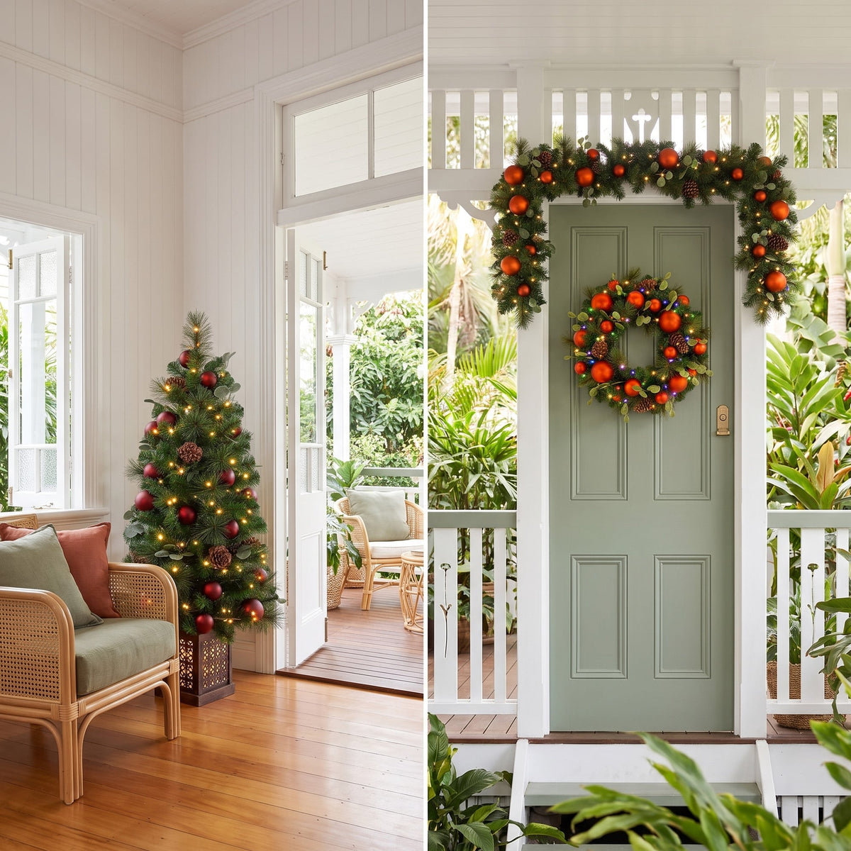 Christabelle Sable Fir Christmas 3pc Set 1.2m Potted Tree 61cm Wreath 2.74m Garland with Multicoloured LED Lights Decor