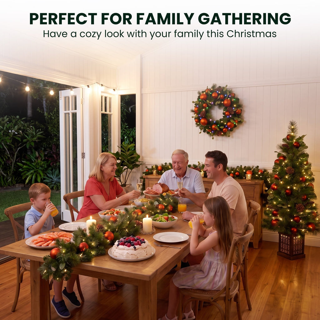 Christabelle Sable Fir Christmas 3pc Set 1.2m Potted Tree 61cm Wreath 2.74m Garland with Multicoloured LED Lights Decor