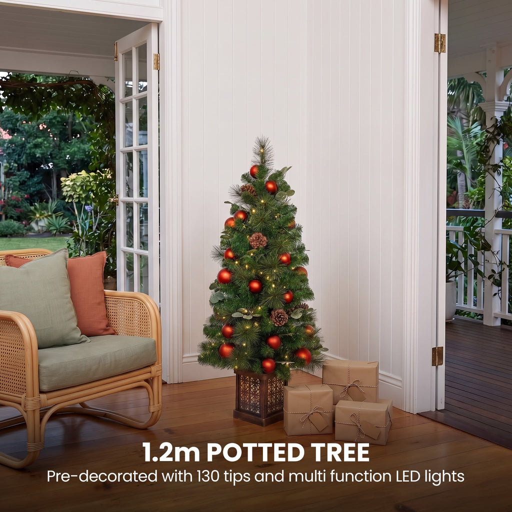 Christabelle Sable Fir Christmas 3pc Set 1.2m Potted Tree 61cm Wreath 2.74m Garland with Multicoloured LED Lights Decor